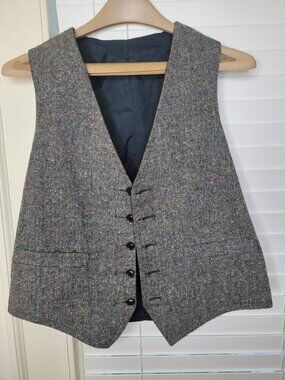 VTG Mens Reversible Tweed & Black Velvet Button Vest Old Money Classic Academia